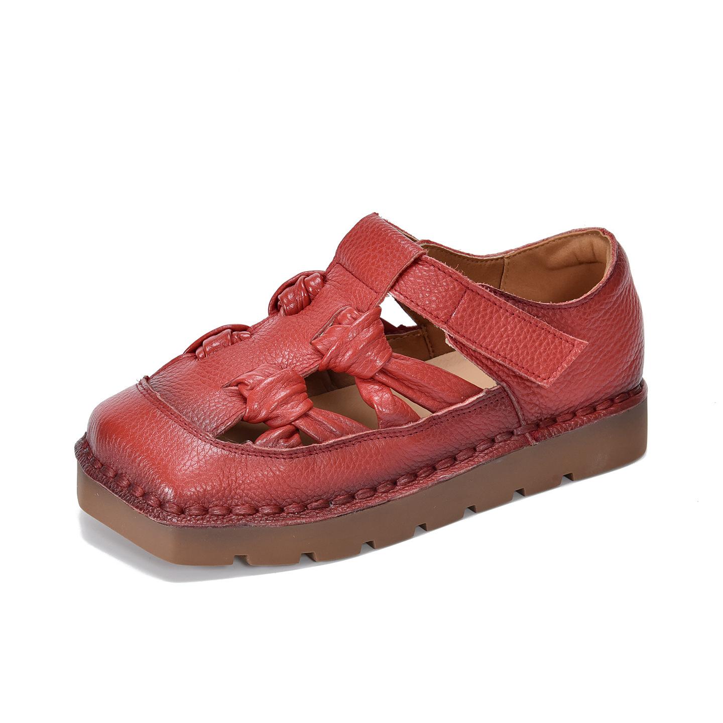 Johnature Retro Square Toe Hollow-out Genuine Leather Sandals Versatile Breathable Flat Women s Shoes 35 красный