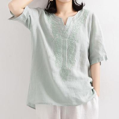 Women's Retro V-Neck Cotton Linen T-Shirt – Summer 2024 Short-Sleeve, Loose Fit, Solid Color.