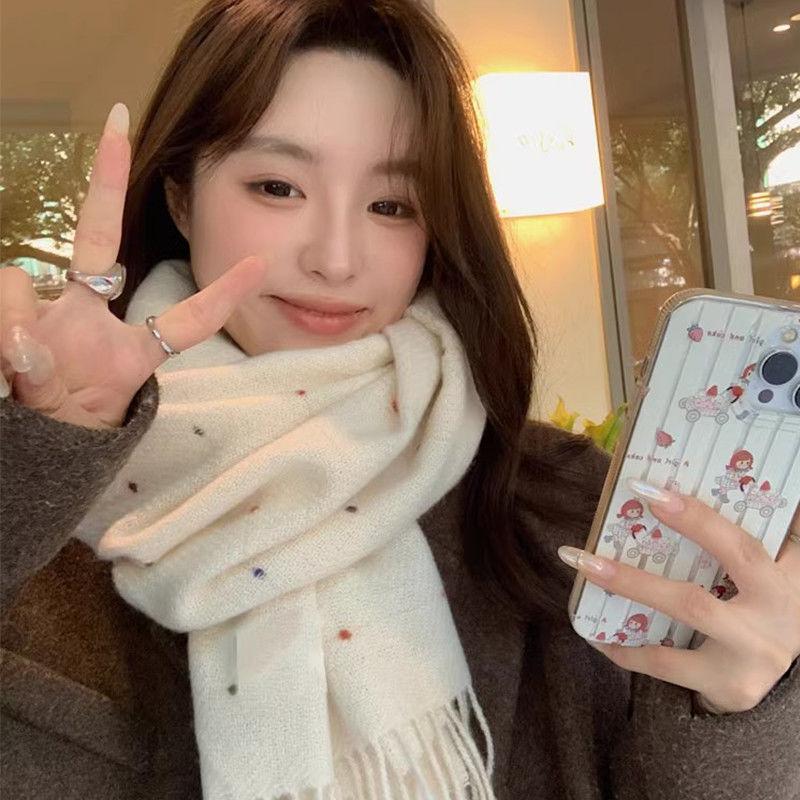 Winter Rainbow Polka Dot Scarf Beige Solid Color Warm Cold-proof Shawl Korean Style Fashion Versatile Neck Warmer