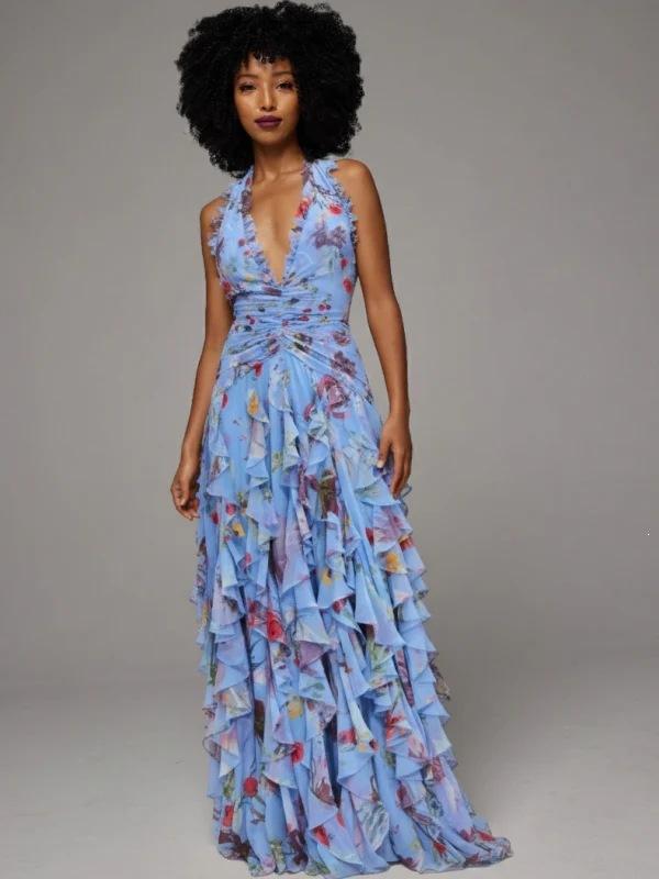 2026 European and American New French Sweet V-neck Strap Irregular Multi-layer Dress Evening Dress