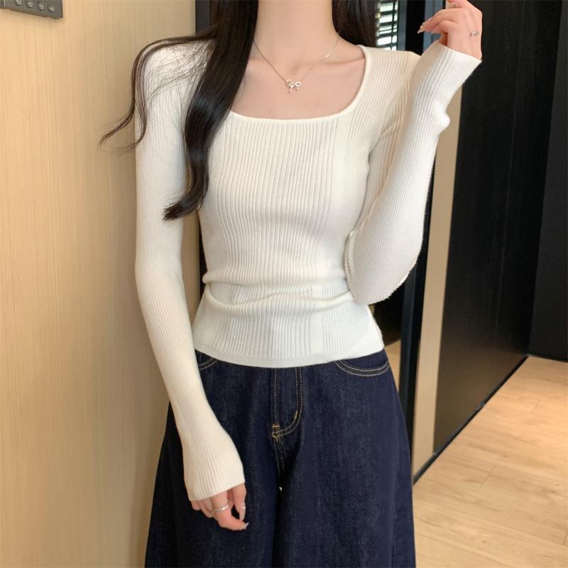 Texture square collar inner top bottoming shirt women's spring and autumn sweater slim and thin pit strips front shoulder long sleeves