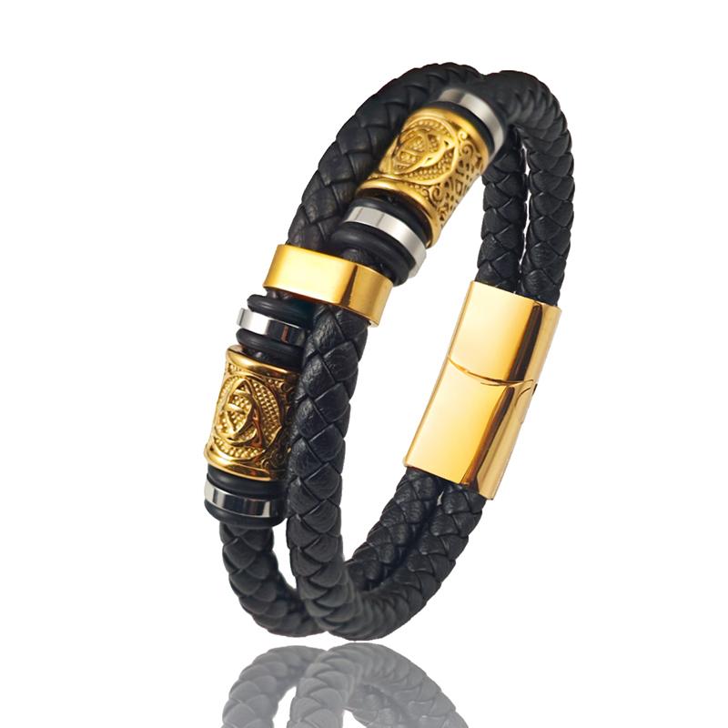 

Combination Symbol Accessories Stainless Steel Men s Leather Bracelet Double Weave Suitable for Handsome Boys Birthday Gifts 20.5cm золотистый