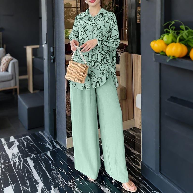 

ZANZEA Женский Блузка с длинным рукавом и принтом и брюки Повседневные костюмы-двойки XL зелёный