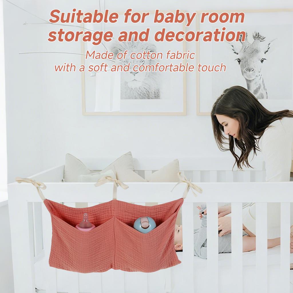 Baby Bedside Hanging Storage Bag Cotton 2 Pocket Baby Crib Organizer Soft Cribs Diaper Storage Bag for Teething Rings Wipes Toy