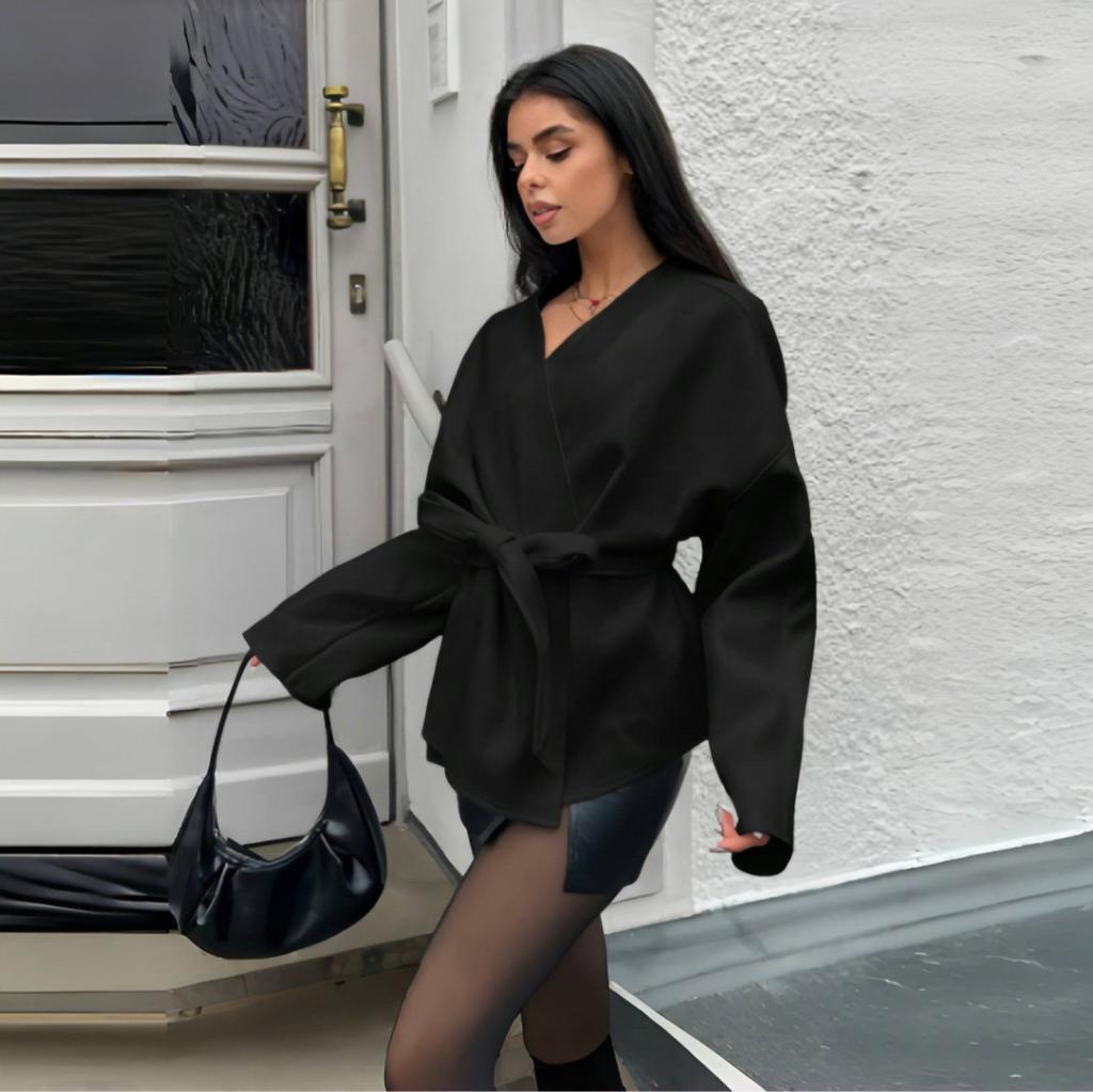 Beige Belted Short Trench Coat with Notched Lapel