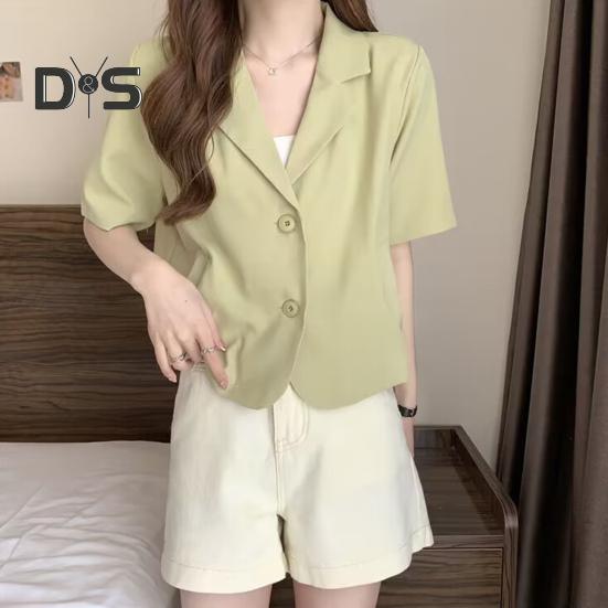 Dámské sako s klopami, krátkým rukávem a volným střihem, s kapsami, jednobarevné, volného střihu, letní business kabát