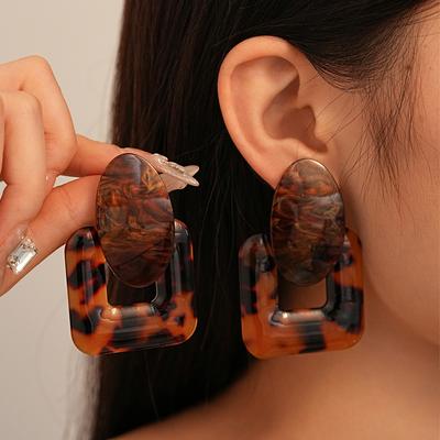 Vintage Maillard Style Resin Square Oval Silver Needle Stud Earrings Geometric Earrings
