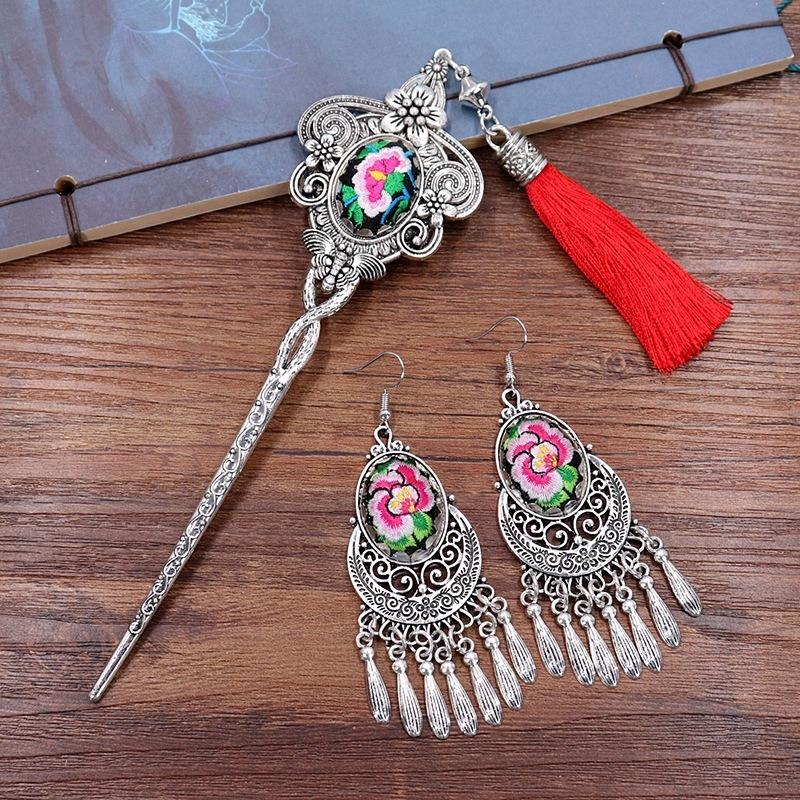 Vintage embroidery earrings hairpin classical temperament Miao peacock flower fringed earrings hair accessories set women