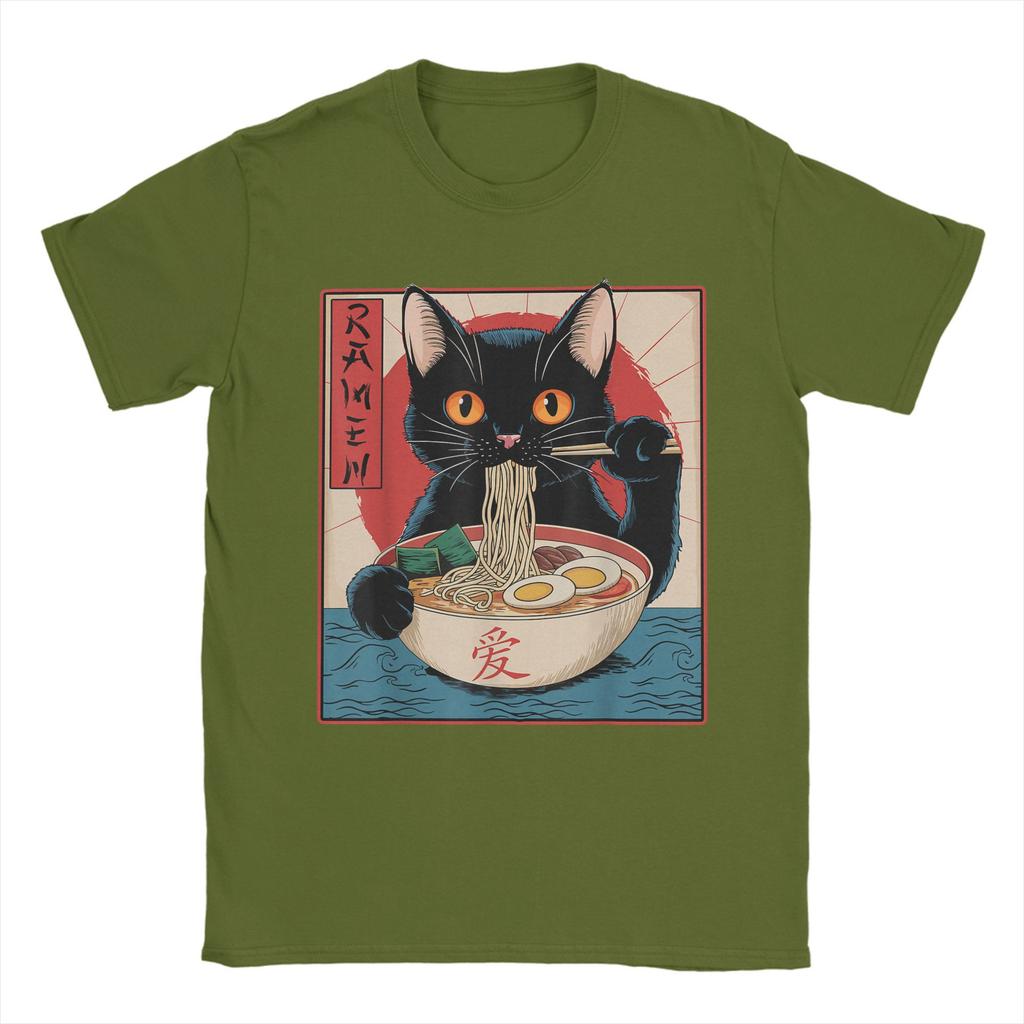 Men Japanese Black Cat Ramen T Shirt Kawaii Noodle Cat Cotton Clothes Humor Short Sleeve Round Collar Tees Gift Idea T-Shirt