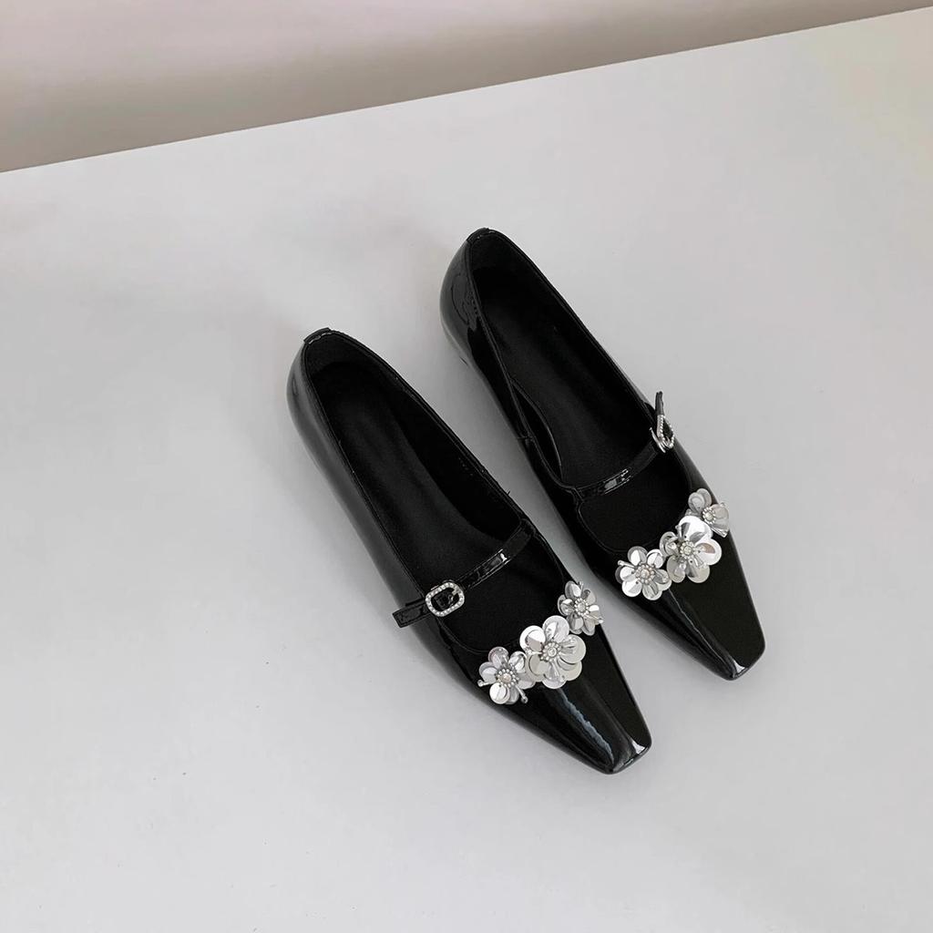 Sheepskin Version~ French Flower Word with Silver Mary Jane Shoes Temperament Square Head Light Mouth with Skirt Height-increasing Single Shoes