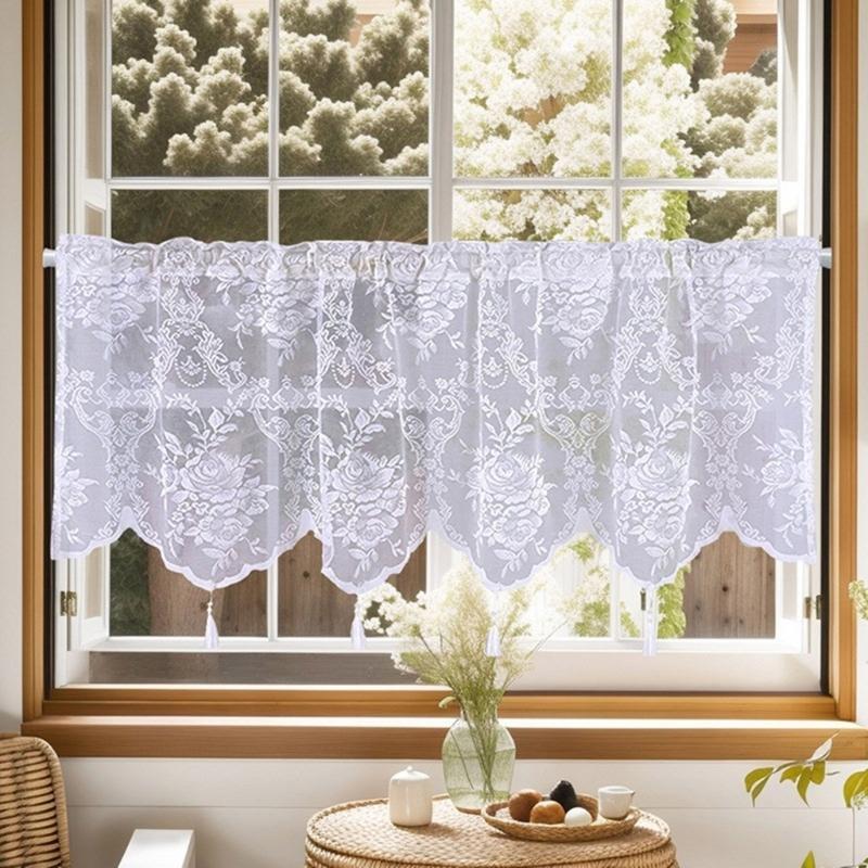 Polyester Lace Window Curtain Elegant Tasseled Lace Weaving Designing Curtains to Any Space Decoration Short Drape