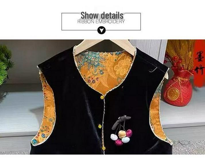 Elegant Black Velvet Double-Sided Shawl Vest for Women - Spring & Autumn Chinese National Style