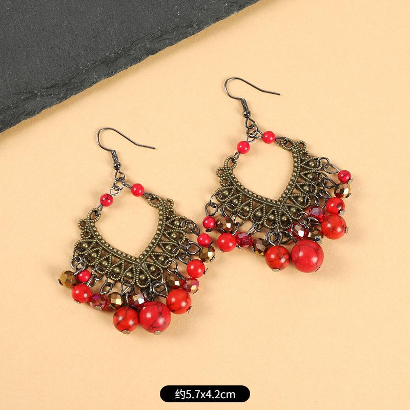 Retro ethnic style fringed earrings blue and red simple long bohemian earrings vacation style women's Tibetan silver earrings