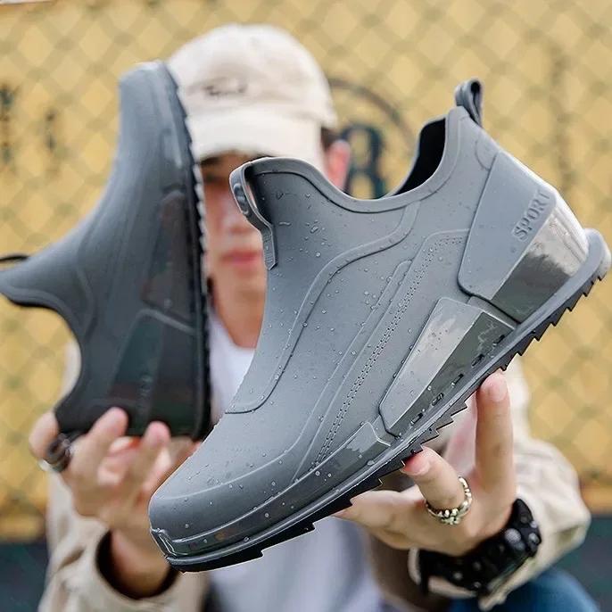 Men's Short Rain Boots Fashionable Outdoor Waterproof Shoes Low Top Anti Slip Wear-resistant Kitchen Shoes Fishing Rubber Shoes