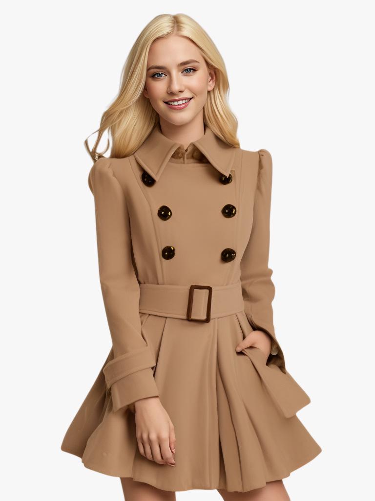 European and American Slim Fit Ruffle Wool Trench Coat with Belt Buckle - Women's Autumn and Winter Style