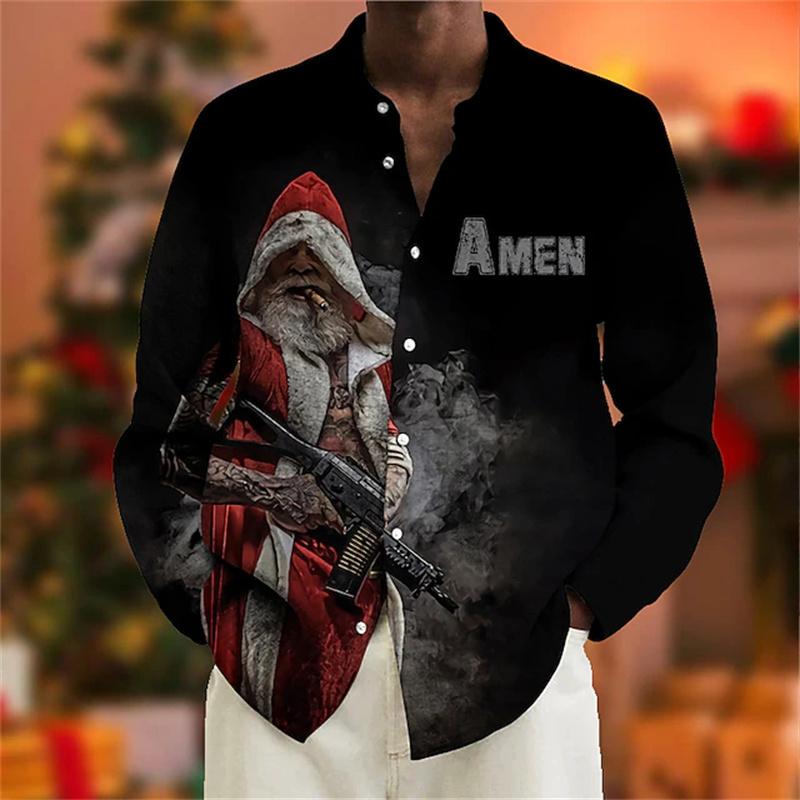 Christmas Men's Dress Shirt with Red Snowflake and Cedar Pattern, Black Lapel Bow Tie, Festive Party Style Men's Shirt