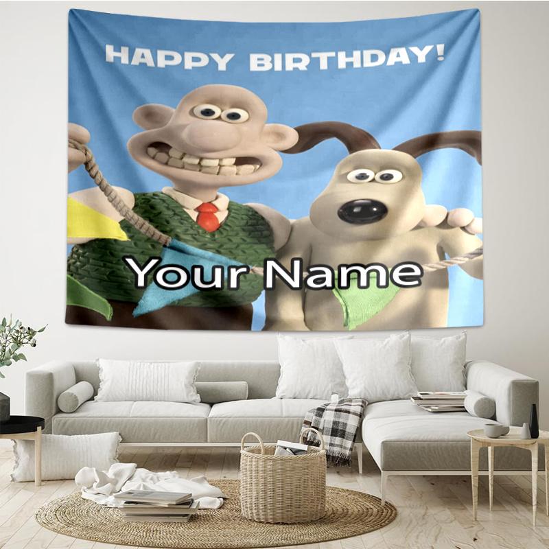 Custom Name Wallace & Gromit Print Tapestry, Backdrop, Easy Setup, Ideal for Bedroom, Office & Living Room, with Aesthetic Wall Hanging Decor.