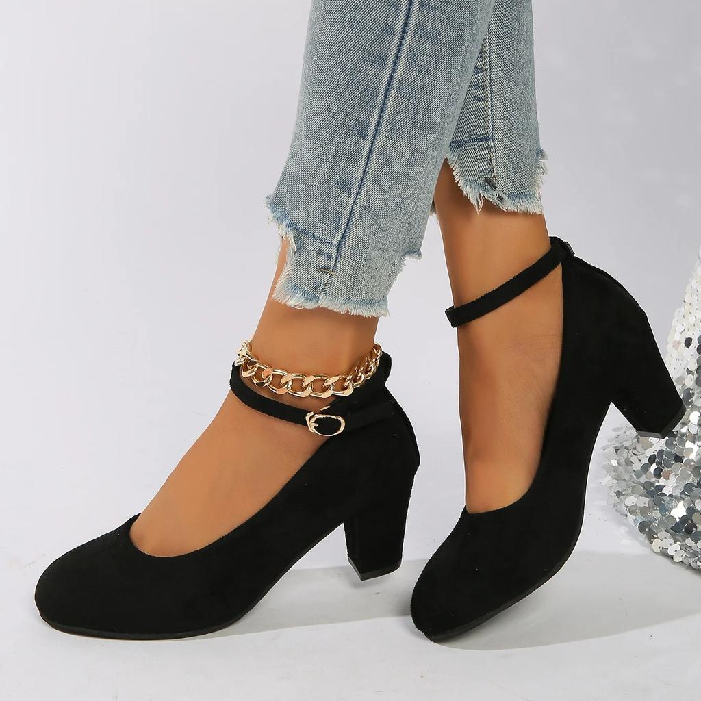 Leisure Classic Pumps Female Buckle Strap Square High Heels Square Toe Women Shoes Square Buckle Summer Shoes Plus Size