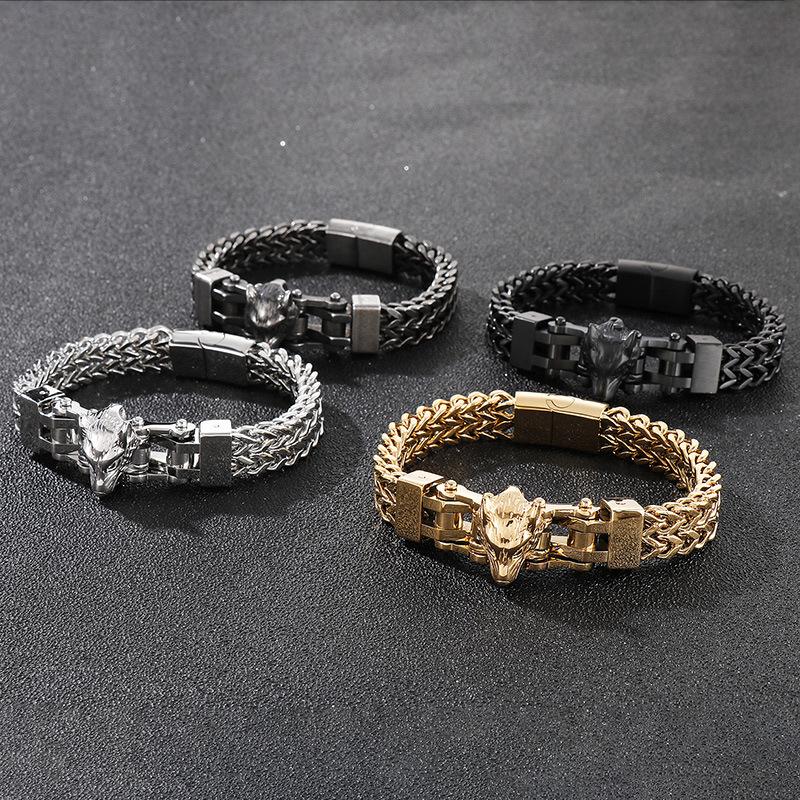 12mm Punk Gold Color Viking Wolf Bracelet Men Hiphop Black Stainless Steel Biker Bike Double Mesh Chain Bangle Jewelry Wristband
