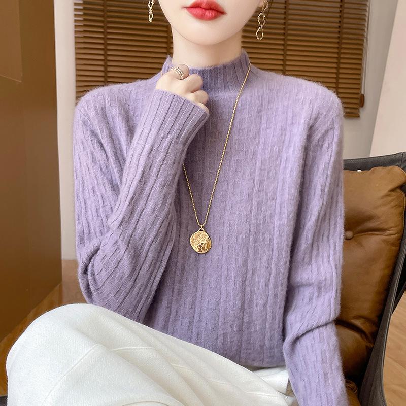 Women's Versatile Solid Color Wool Knit Sweater - Loose Half-High Collar, Long Sleeve Autumn & Winter Base Layer.