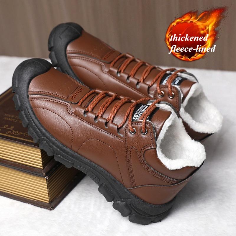 Winter Waterproof Leather Snow Boots for Men Fur Warm Thicken Men's Cotton Shoes Outdoor Non-slip Platform Hiking Work Shoes