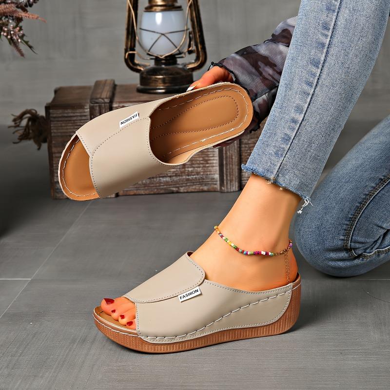 Large-sized Thick-soled Casual Slipper Women's Shoes 2025 New Style Wide Band Simple and Fashionable Fish-mouth Wedge Heel Slipper