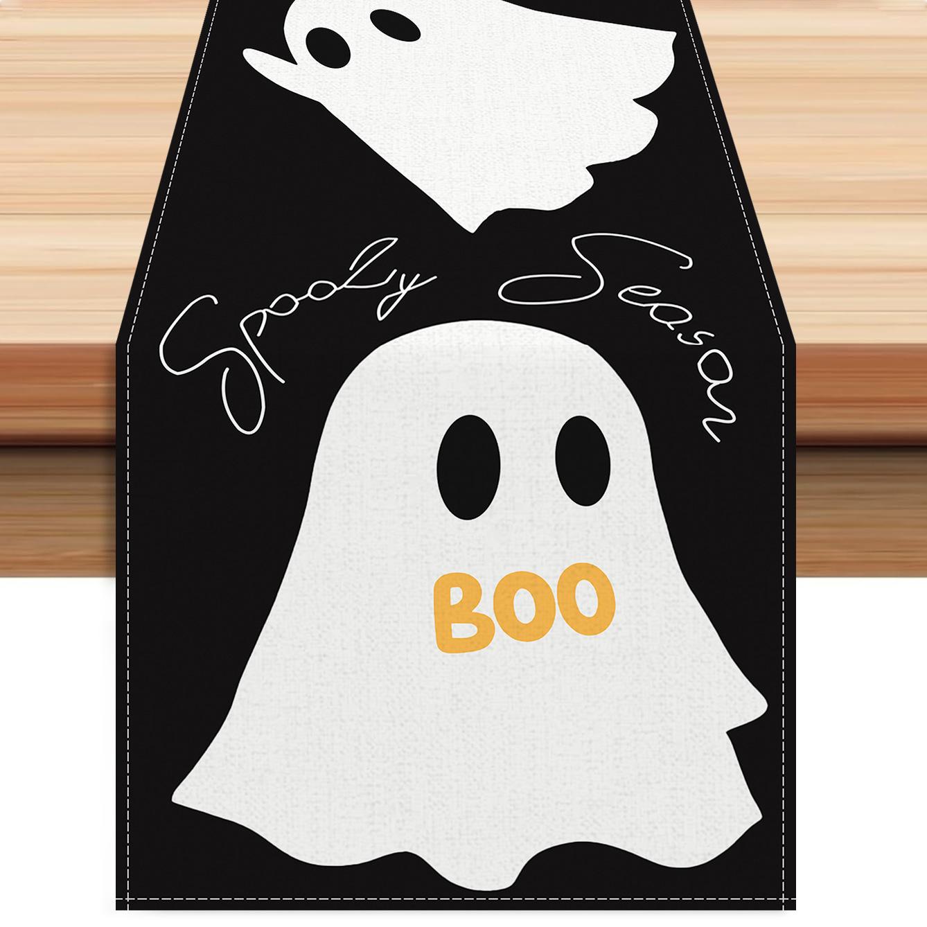 

1pc White Black Halloween Table Runner with Ghost Spooky Dustproof Durable Tablecloth for Halloween Theme Party Decoration 33x183cm
