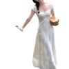 Summer apricot medium and long dress flying sleeves waist a word women's thin French lace splicing dress
