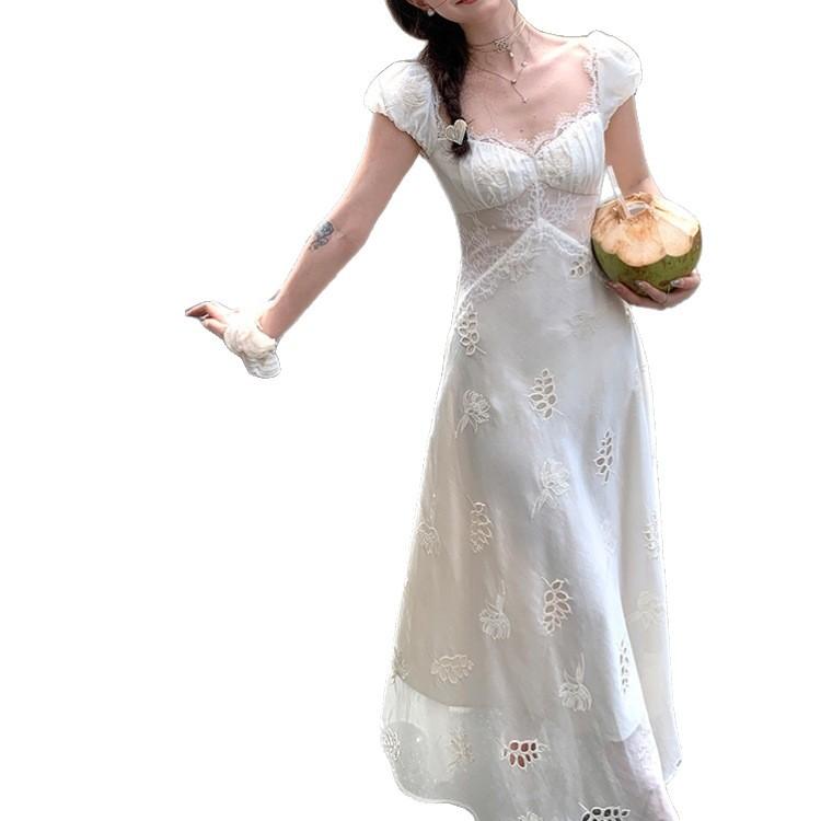 Summer apricot medium and long dress flying sleeves waist a word women's thin French lace splicing dress