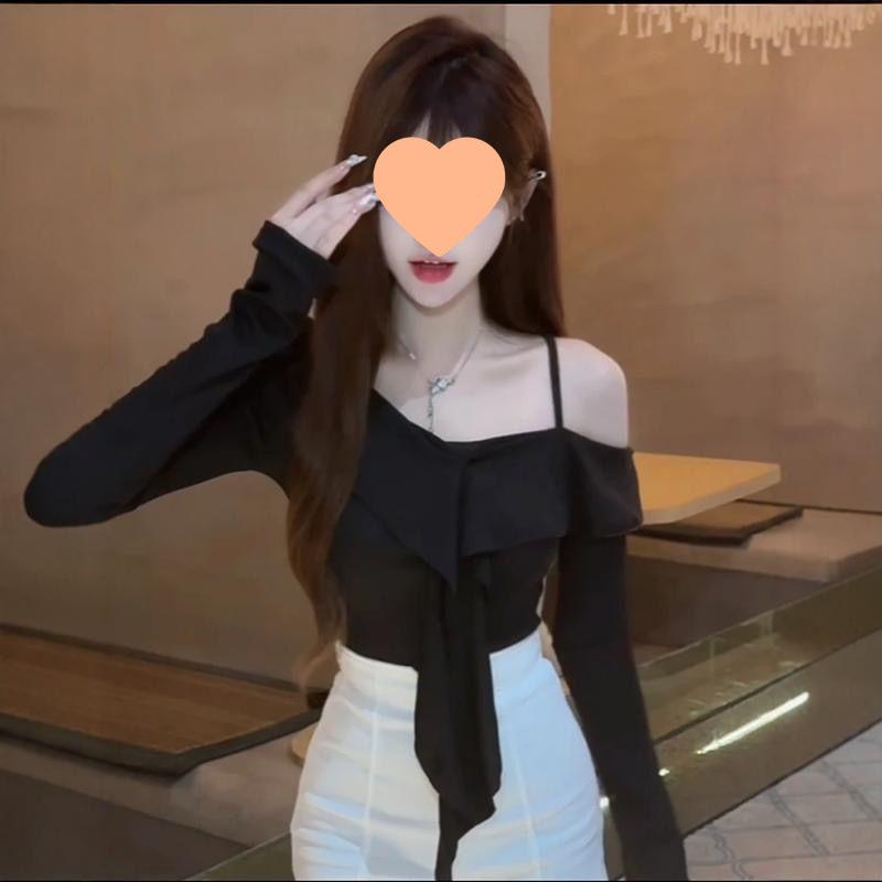 Spring & Fall Slimming Off-Shoulder Ruffle Long Sleeve Women s Top Small чёрный