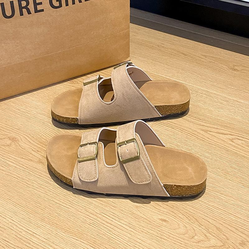 Fashion Women's Fashion Flat Sandals Summer New Round Head Open Toe Metal Buckle Thick Sole Non-slip Slippers