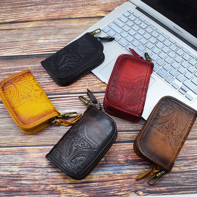 Embossed Leather Remote Car Key Case with Smart Driver's License Slot