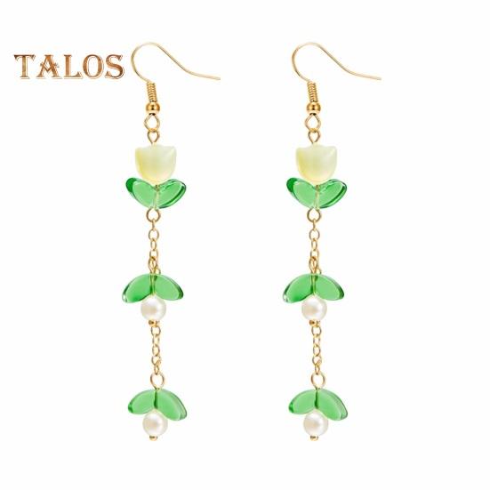 1 Pair Women Hook Earrings Faux Pearl Tulip Shape Long Tassel Alloy Electroplated Ear Jewelry Lady Prom Cocktail Party Dangle Earrings Hanging