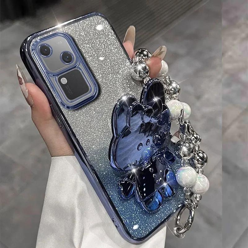 Cute Rabbit Makeup Mirror Stand Case for Vivo V50 Pro V40 Lite V30 V29 V25 E Iqoo Z9 Luxury Bracelet Protective Case