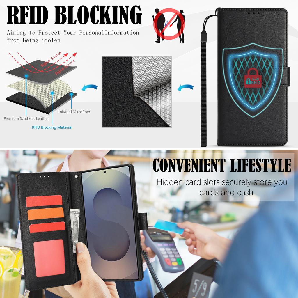 Etui na Samsunga Galaxy S24 Ultra Blokujące RFID Składane Skórzane Etui na Telefon ze Smyczą na Nadgarstek