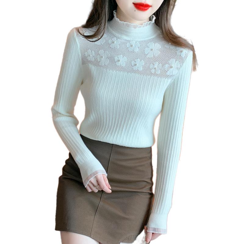 Herbst und Winter Damen Pullover Bottoming Shirt Halbhoher Hals ausgehöhltes gestricktes Bottoming Shirt Schlanke, vielseitige Langarmbluse