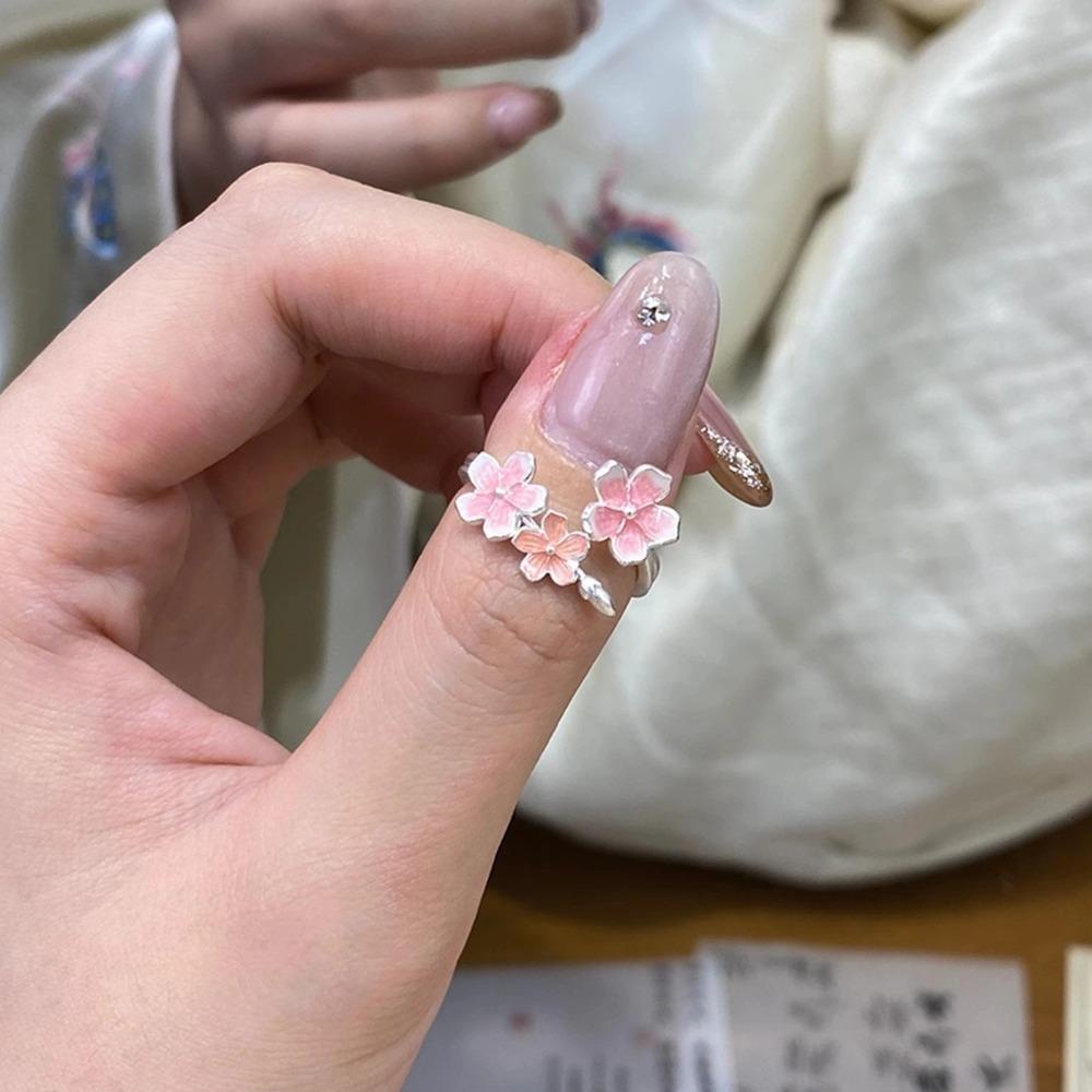 New Chinese-Style Enamel-Colored Cherry Blossom Openable Adjustable Rings For Women Sweet Temperament Stainless Steel Jewelry