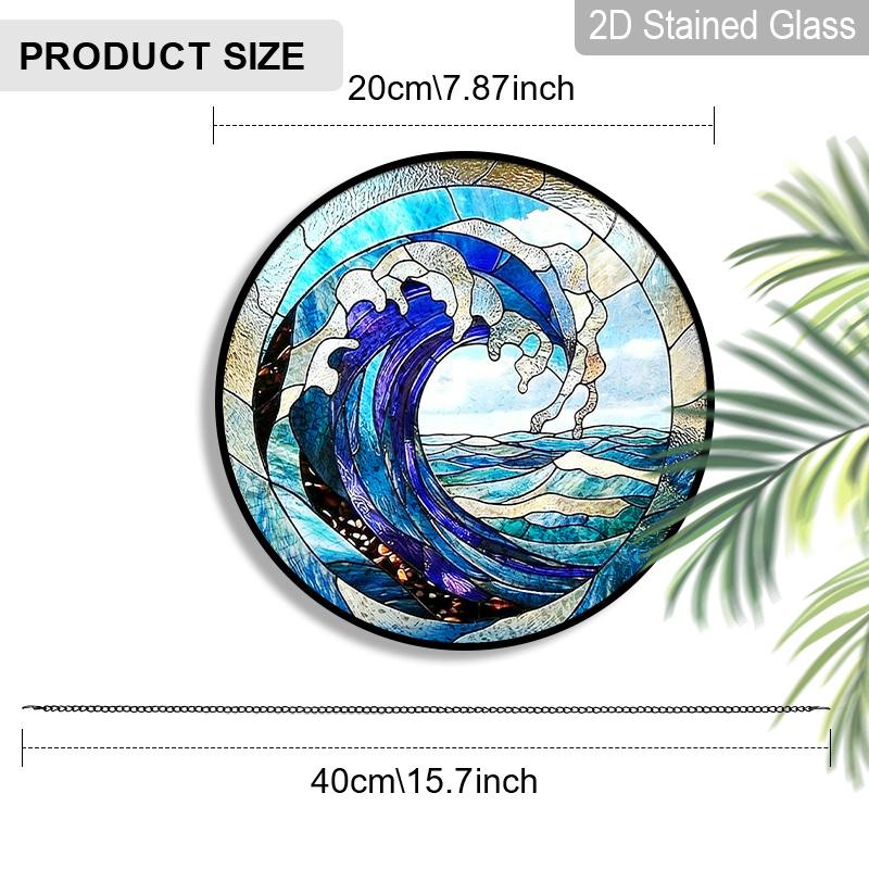 2D Flat Stained Glass Blue Waves Window Decoration, 7.87inches Turbulent Seas Design Colored Glass Plate with Chain, Charming Spring Summer Sun