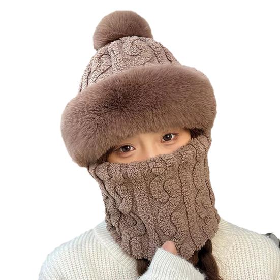 

Шапка-пуловер 3-в-1 Вязаная шапка Однотонная Плюшевый помпон Декор Подкладка из флиса Шарф Маска для лица Шапка Головной убор Аксессуары для холодной погоды кофейный