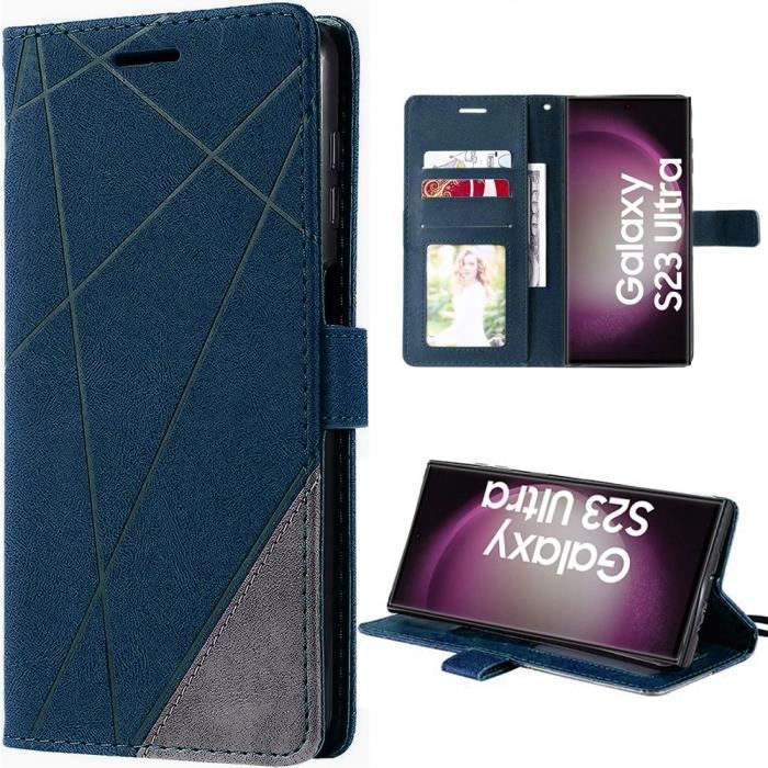 Coque pour samsung galaxy s23 ultra - protection antichoc effet cuir flip bleu marine