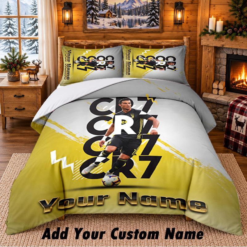 Cristiano Ronaldo Pattern Bedding 3Pcs Set Custom Name, Bed Sheet And Pillowcases For Home Bedroom