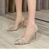 Women's High Heel Shoes Champagne Pointed Thin Heels High Heels Shoe Shiny Crystal Transparent Bow Women's Sandals Zapatos Mujer