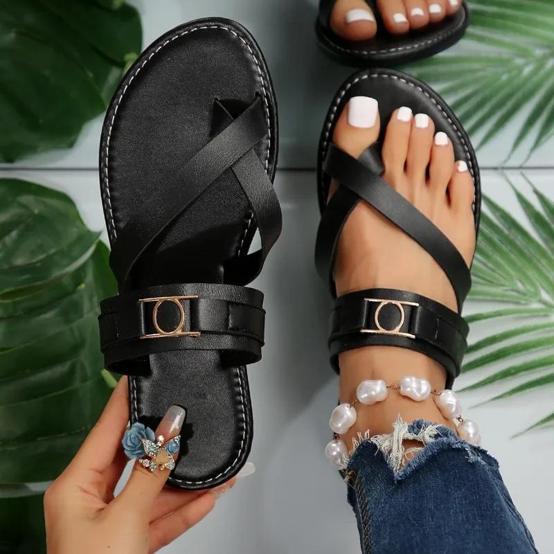 

Модная обувь для женщин 2024 года, горячая распродажа, женские тапочки, летние римские однотонные повседневные пляжные тапочки на плоской подошве, удобные тапочки большого размера 43 чёрный