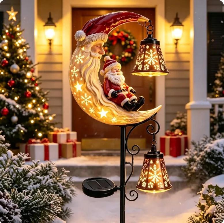 Solar LED Santa Moon Garden, Stake Light Waterproof Outdoor, Christmas Yard Porch Pathway Decoration, Lamp Holiday Gift Ornament