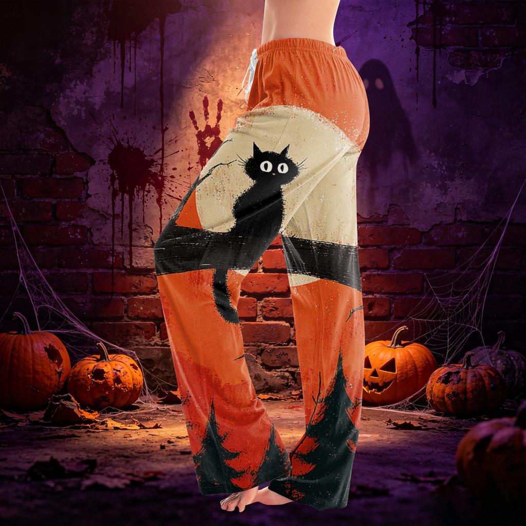 Women's Drawstring Lounge Pants Halloween Print Casual Full Length Soft Fabric Elastic Waistband Relaxed Fit Trousers
