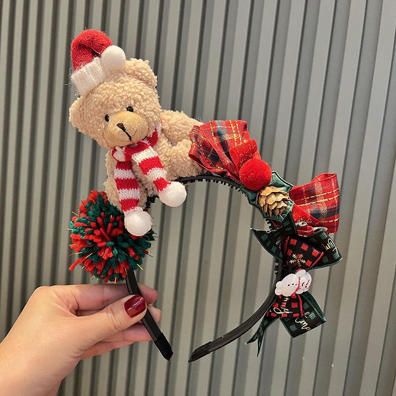 Vintage Christmas Bear Headband & Bow Clip Set: European-American Style Princess Hair Accessories