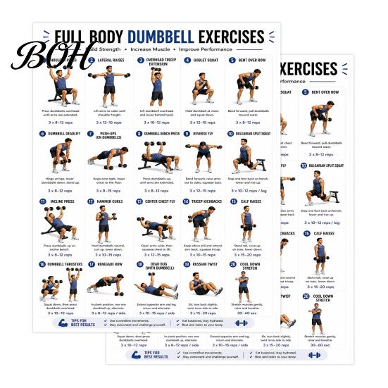 Full Body Workout Guide 2 Pcs Dumbbell Chart Poster, Exercise Strength Training Wall Art Art, Fitness for Home Gym Decoration