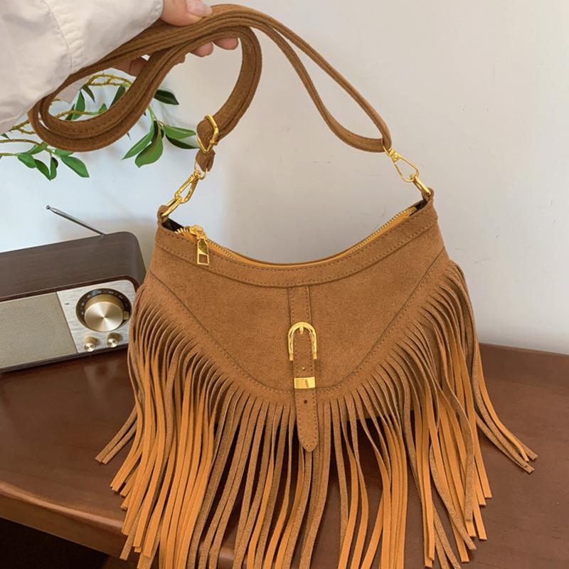 

Корейская винтажная сумка через плечо с заклепками, кисточкой, в стиле бохо, подмышечная сумка, замшевая сумка на молнии для девочек Button коричневый