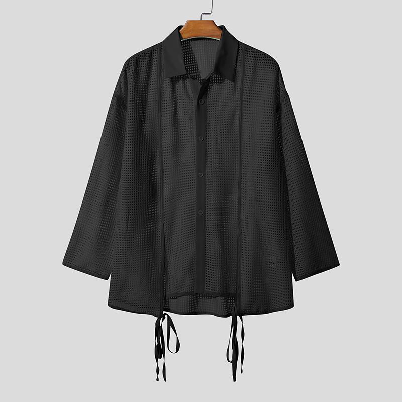 INCERUN Men Lapel Neck Long Sleeve Hollow Out Fishnet Mesh Sheer Beach Shirts Tops 