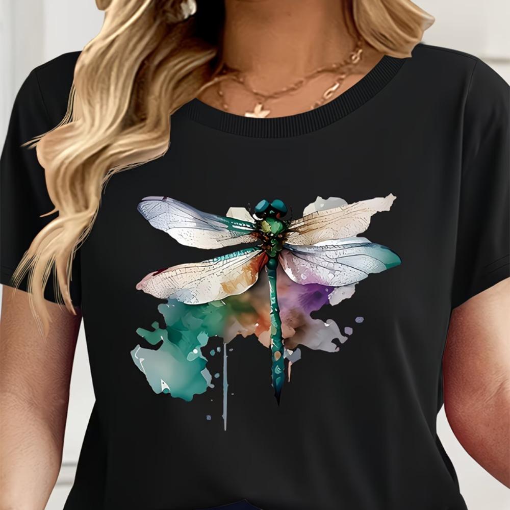 Crew Neck Short Sleeve Watercolor Style Dragonfly Print T Shirt Women's Outfits Daily Wear Lady Soft Sportswear Basic Top